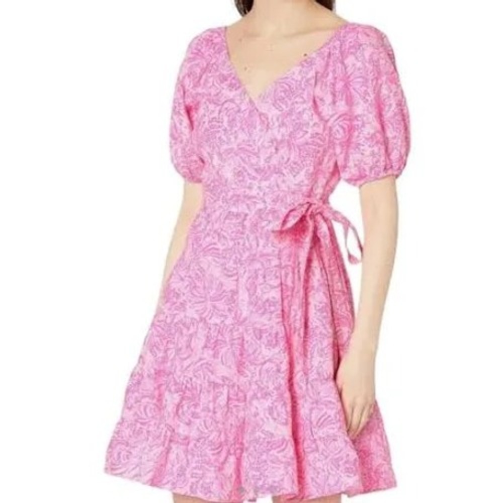 Lilly Pulitzer Iralee Linen Wrap Dress Pink Blossom Foxy Llama Size 8 - Picture 4 of 9